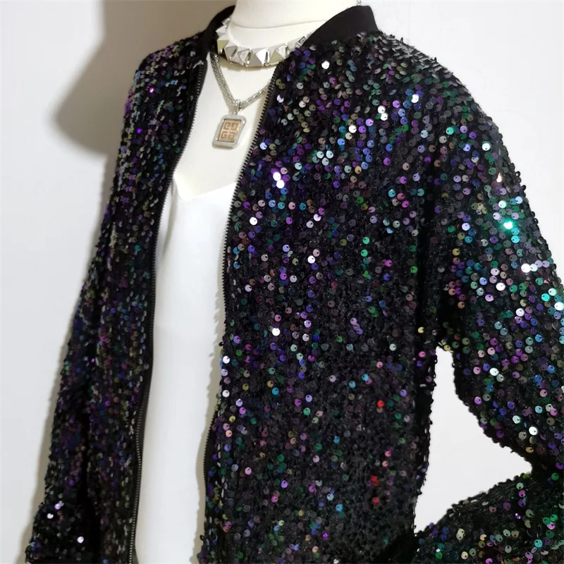 Veste à paillettes brillantes pour femme, manteau femme, tenue de travail d'affaires, tenue courte, fermeture éclair, uniforme de baseball décontracté, vêtements de rue