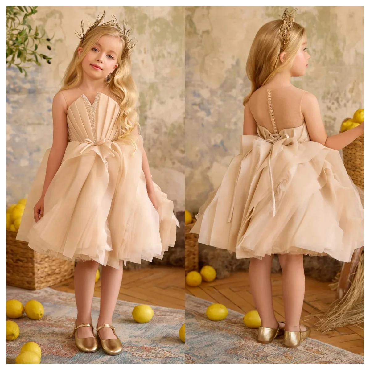 

Customized Elegant Tulle Princess Dress 2026 New V Neck Beaded Evening Dress Children's Tutu Skirt Girls Wedding Party Dress
