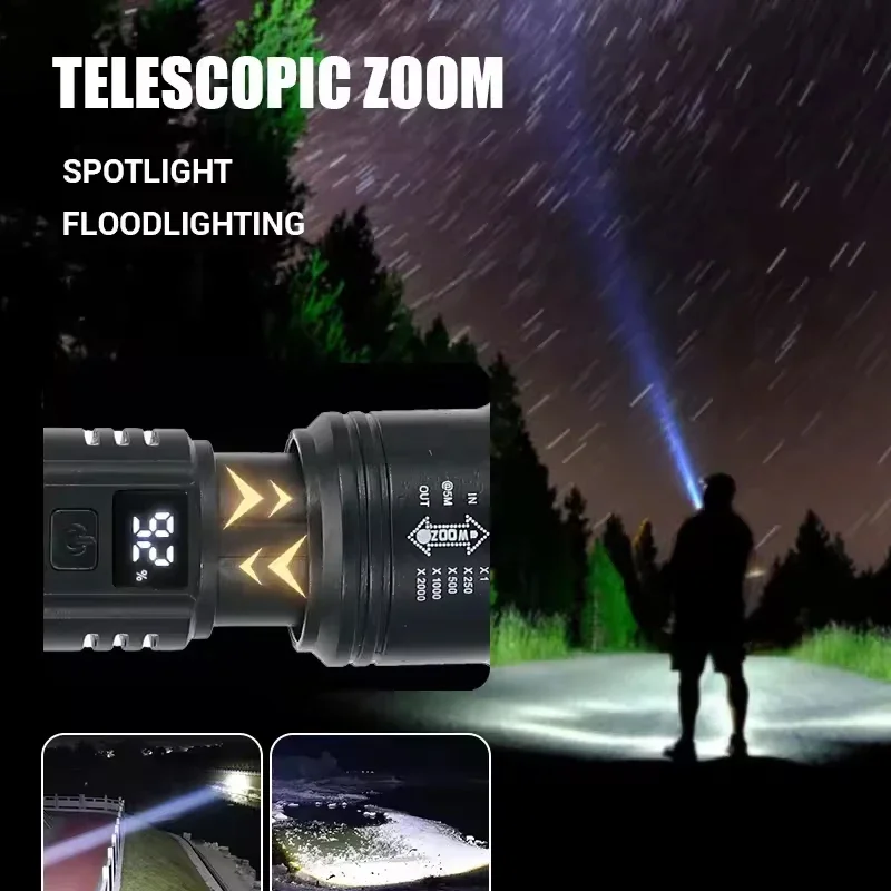مصابيح كاشفة بلمبات LED P70 قوية 5000LM ضوء تكتيكي فائق السطوع أضواء الطوارئ تلسكوبي ضوء التكبير المدمج في البطارية