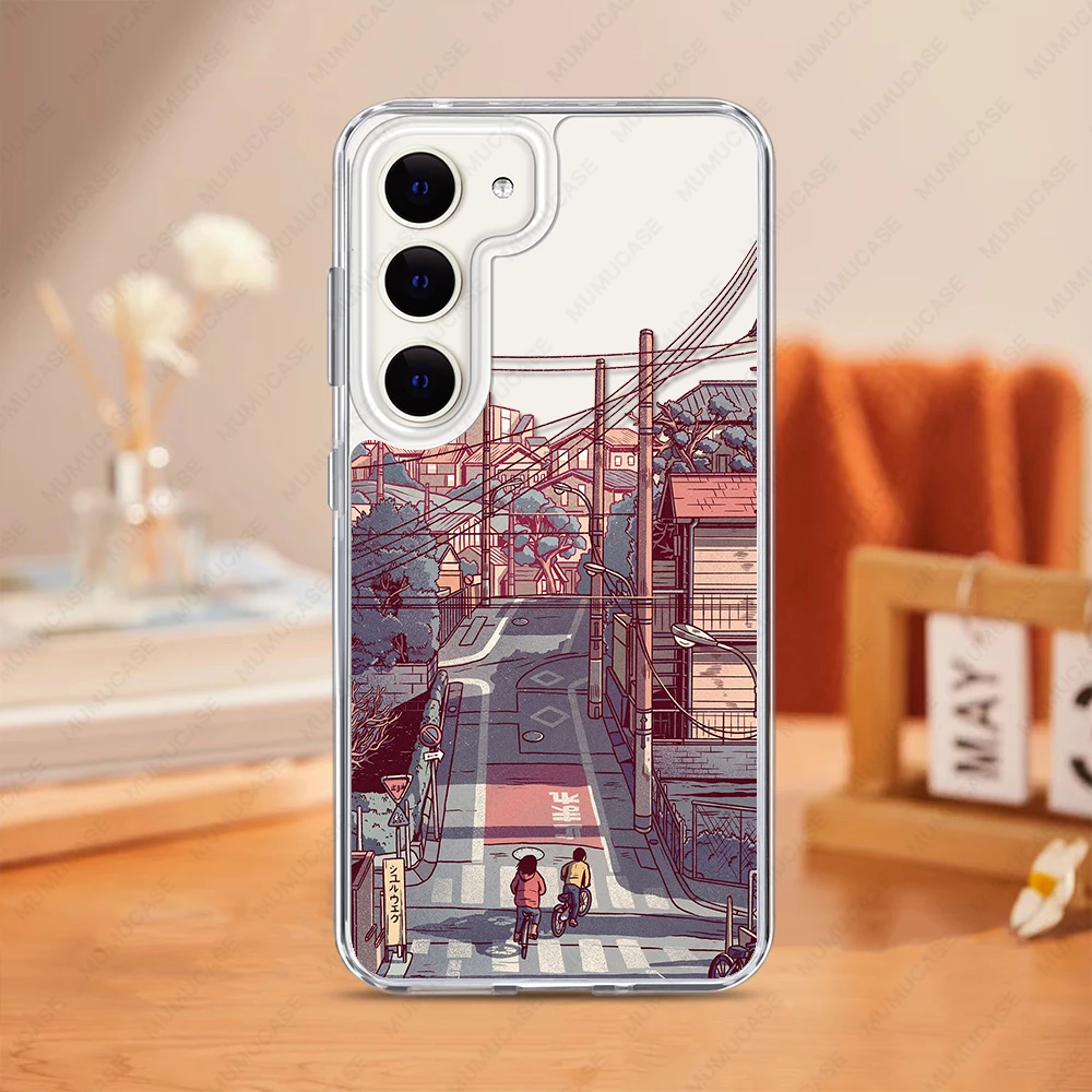 2 in 1 PC+TPU Phone Case For Samsung Galaxy S25 S24 S23 Ultra S24FE A15 A35 A53 A54 A55 Shockproof Cover Japanese Landscape Art