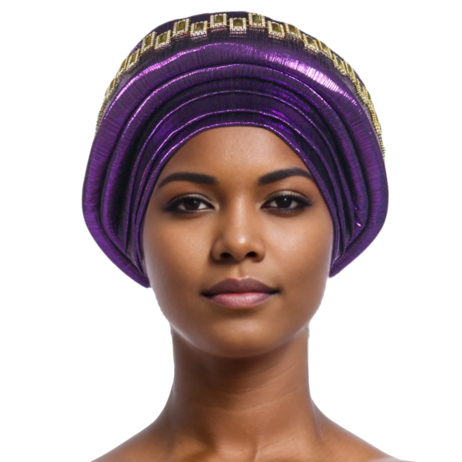 Pañuelo africano hecho a mano con purpurina y diamantes para boda, Auto Gele, pañuelo nigeriano para mujer, turbante plisado, envolturas para la cabeza para mujer