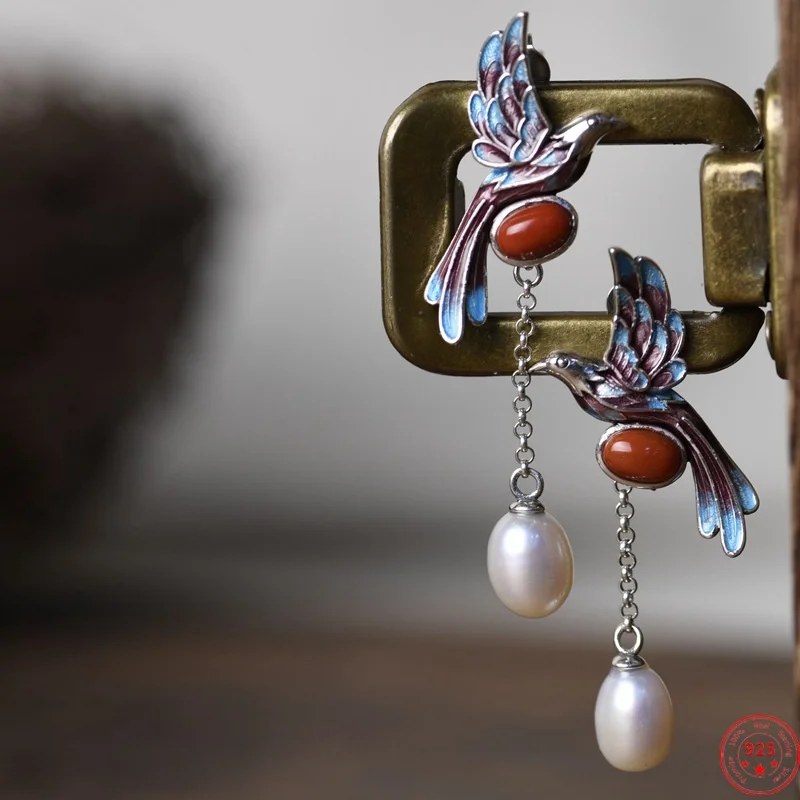 

S925 Sterling Silver Cloisonne Earrings 2021 Popular Magpie Pearl Charm Enamel Jewelry Pure Argentum Blueing Earstud for Women