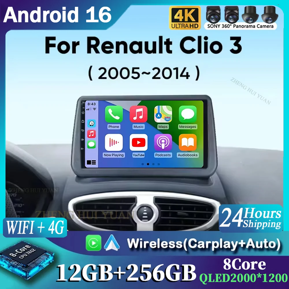 Android 16 Car Radio for Renault Clio 3 2005-2014 Wireless CarPlay Android Auto 4G Multimedia Player Navigation GPS 2din Autorad