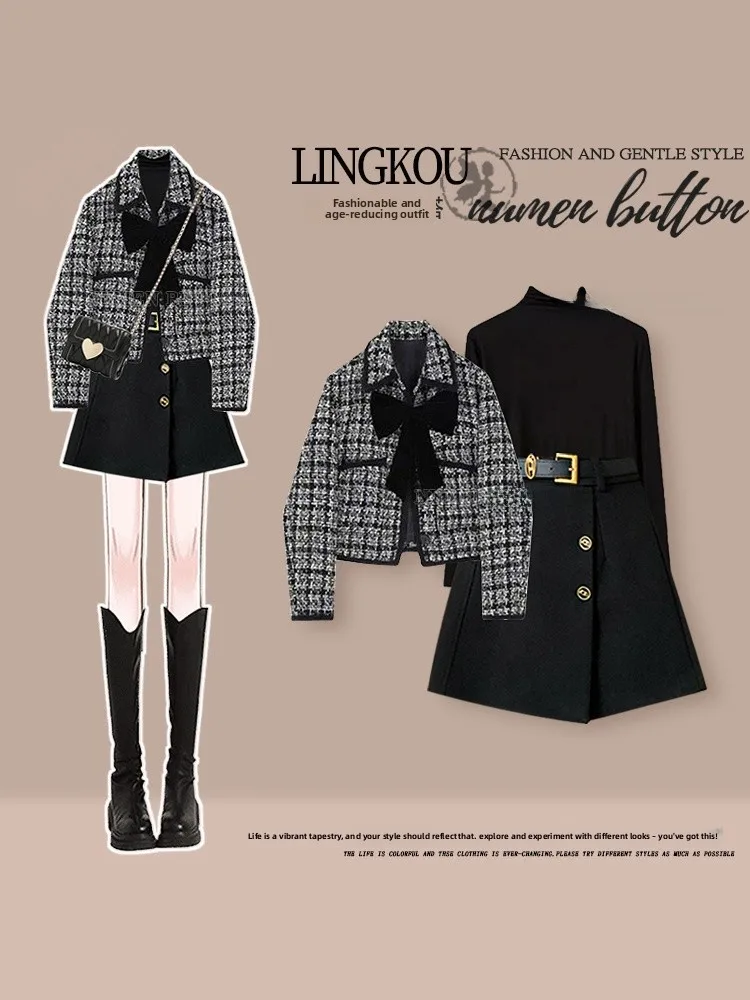 

Elegant Autumn Three-Piece Set Women's Base Layer Shirt Slimming Outerwear High Waist Short Skirt Fashionable Age-Defying