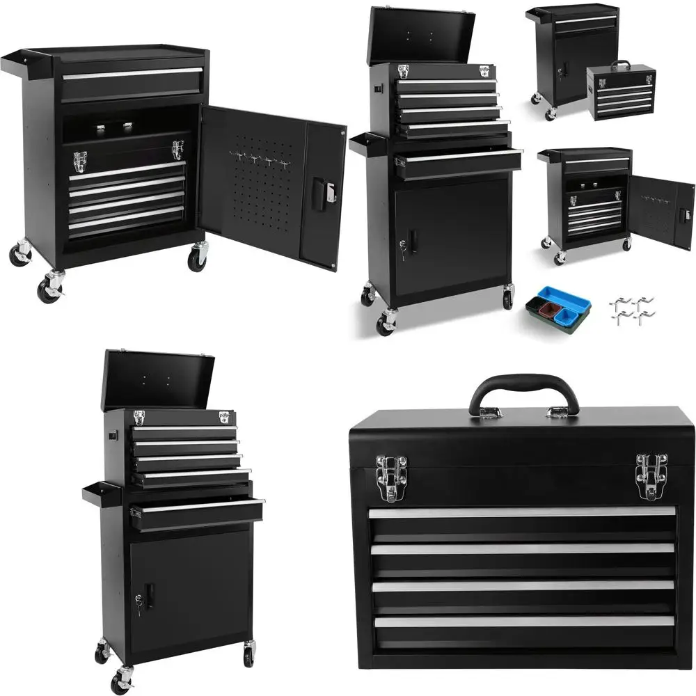 

Съемный сундук для гаражных инструментов с 5 ящиками и большим шкафом для хранения черного цвета