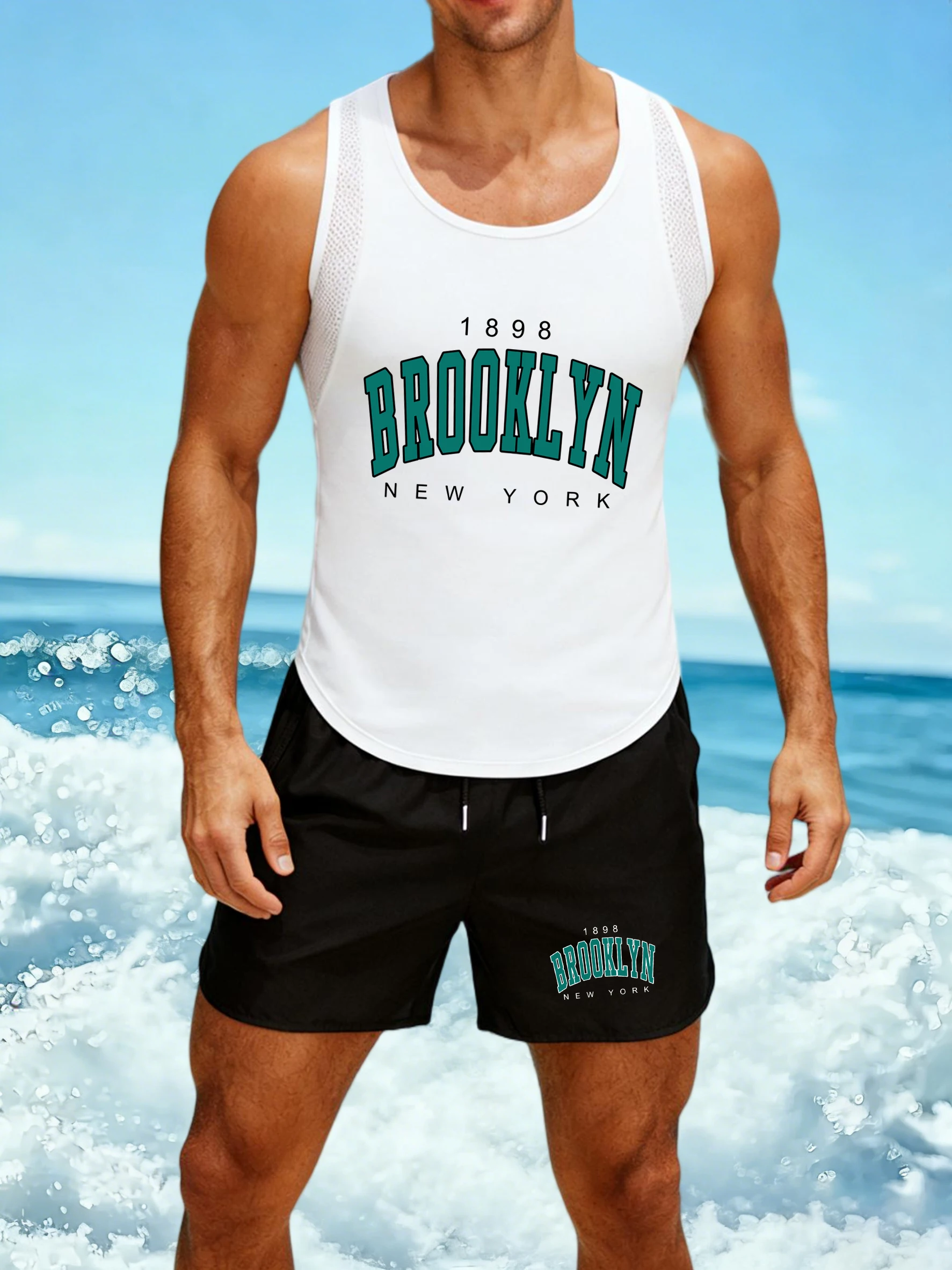 

1898 Brooklyn New York Print Mens Reticular Vest Set Summer Sport O-Neck Sleeveless Tee Unisex All-Match Fashion Shorts Suit