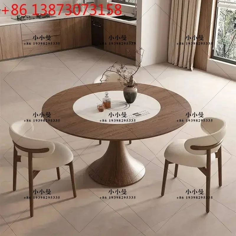 Vintage-style solid wood dining table, home use with heating dish, induction cooker rotating turntable, round table
