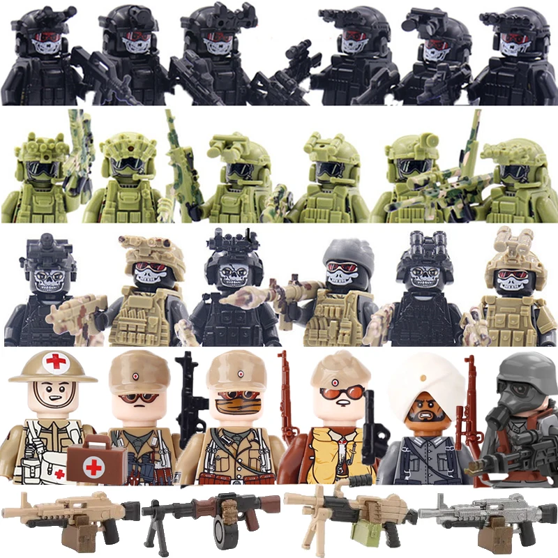 WW2 Military Building Blocks Toys Solider Figures Gift Weapons Guns Vest Night Vision Sight Special Force Single Sided Printing