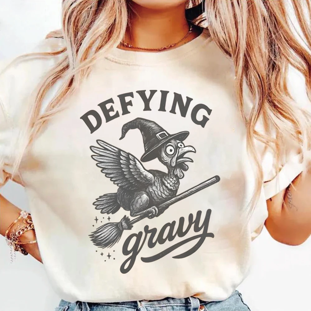 Funny Thanksgiving Graphic T-shirt Defying Gravy Turkey Witch Broom Shirt Retro Fall Holiday Tshirt Unisex Short Sleeve Tops