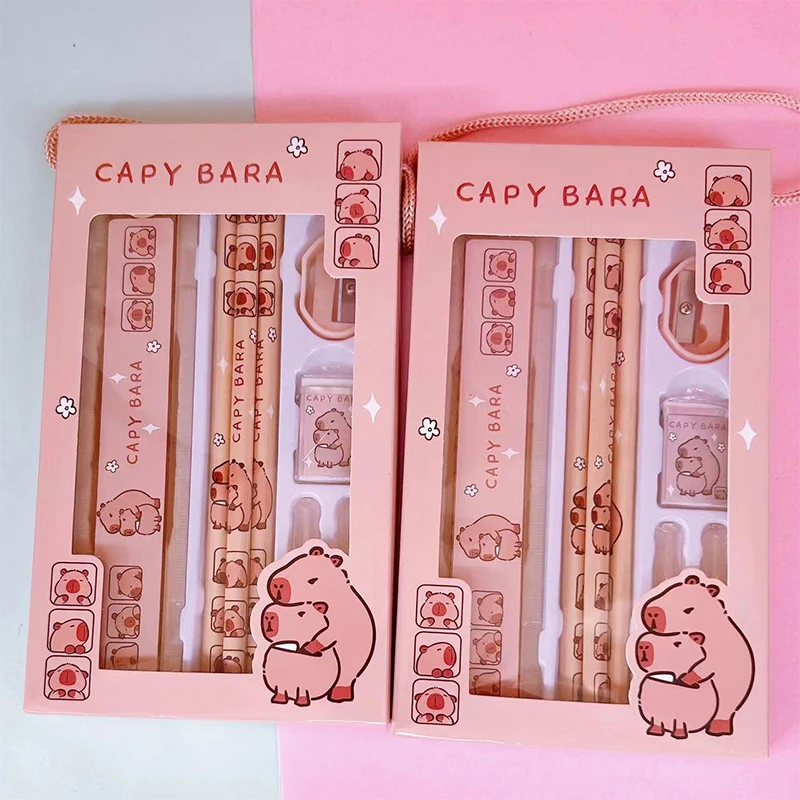 8 In 1 Capybara Cartoon Animals Pencil Ruler Eraser Sharpener Stationery Set Student School Office Writing Supplies Kids Gift