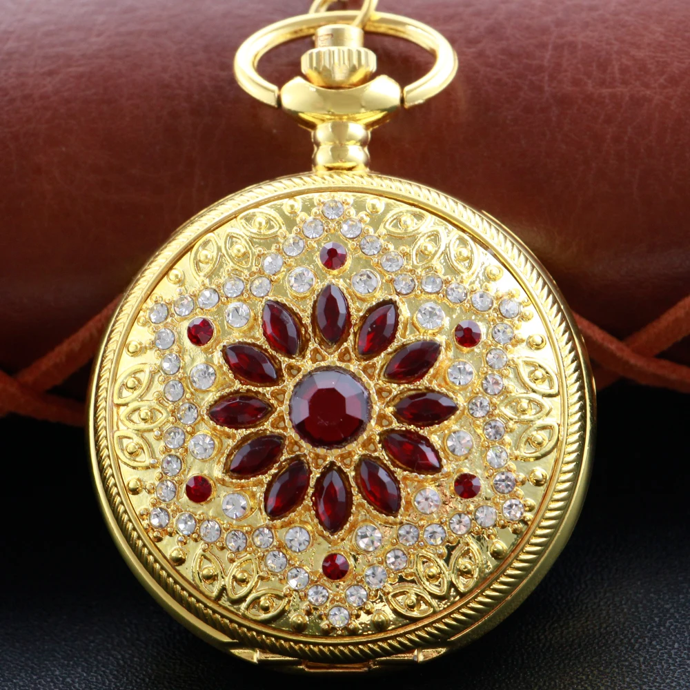 

New Gold Floral Diamond Pocket Watch Necklace Fob Chain Steampunk Clock Quartz Vintage Pocket Watch Gift for Men and Women