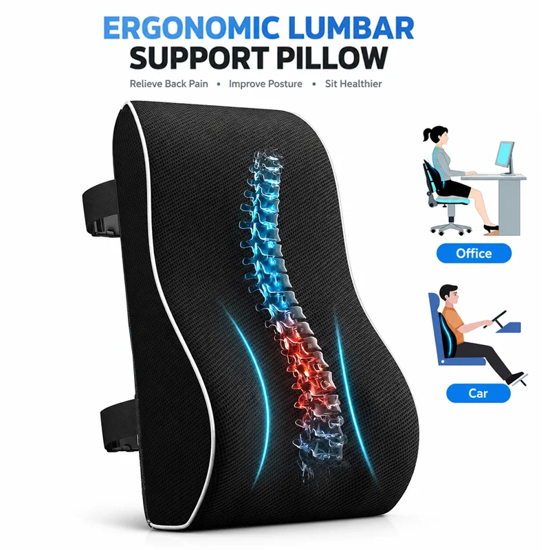 Ergonomic Lumbar Support Pillow Lower Back Relief Posture Corrector Cushion with Dual Straps for Car Office Computer Desk Chairs