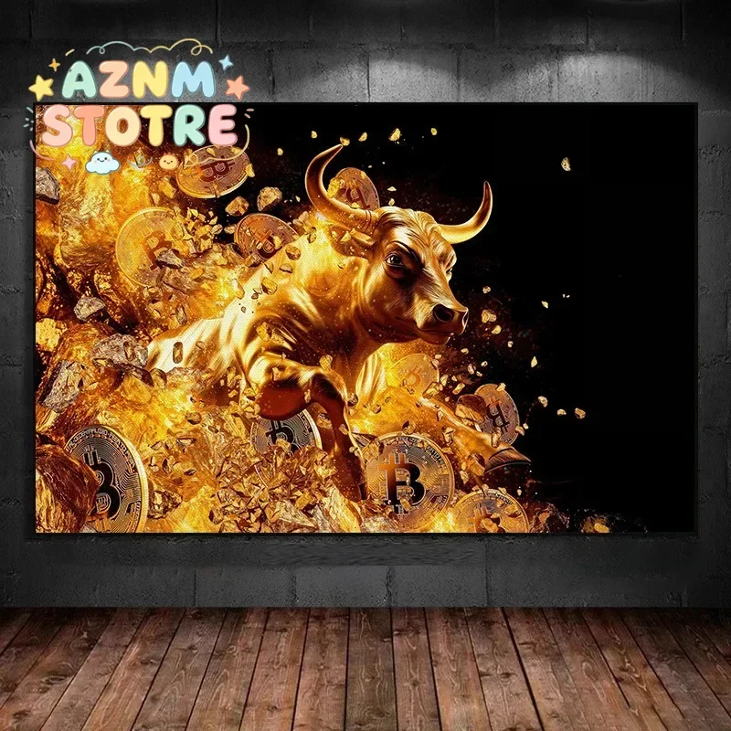Affiche nordique moderne avec taureau doré et Bitcoin, crypto-monnaie, impression HD sur toile, peinture murale, images décoratives pour la maison et le bureau