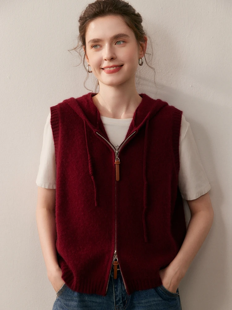 

Осень-зима, 100% чистый кашемировый кардиган, жилет, женский базовый мягкий вязаный жилет без рукавов с круглым вырезом и капюшоном, высокое качество