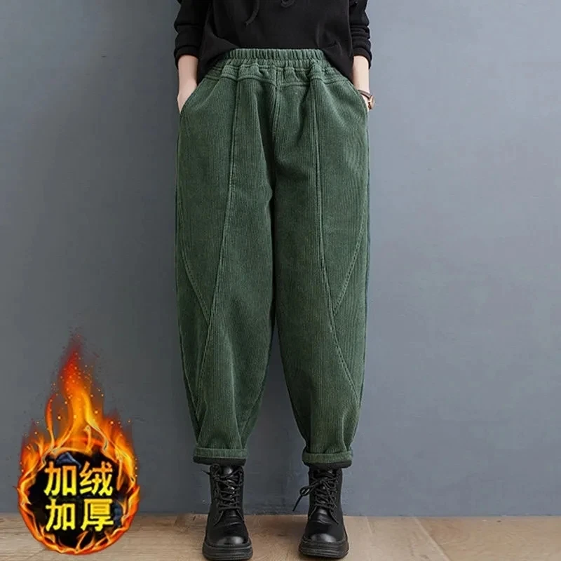 Thickened Fleece-Lined Corduroy Purple Harem Trousers For Middle-Aged Women New Winter Style Mom's Peony Pants