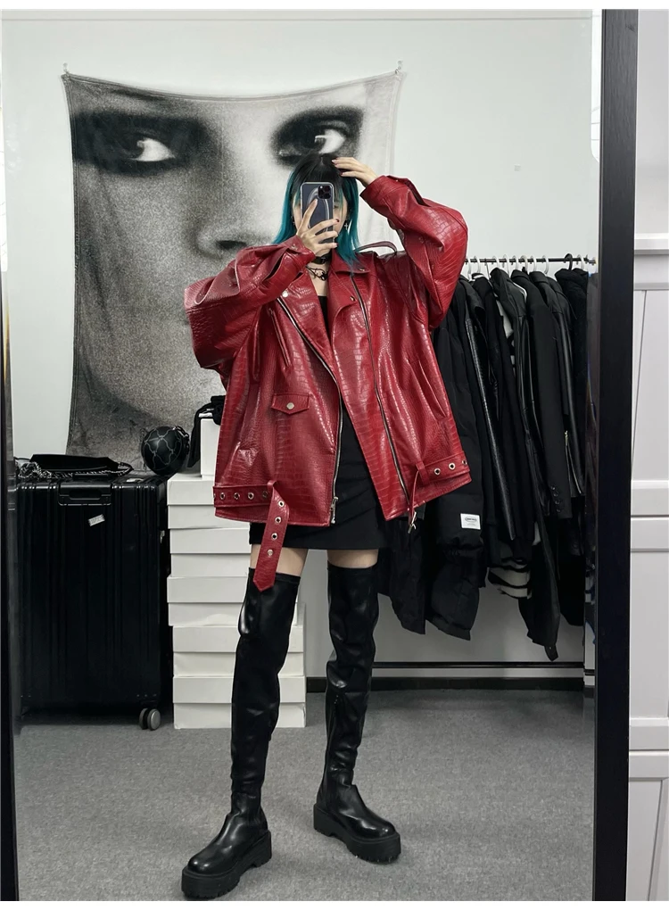 Lautaro Spring Autumn Oversized Red Shiny Crocodile Pattern Leather Biker Jacket Women Long Sleeve Zipper Belt Cool Fashion 2022