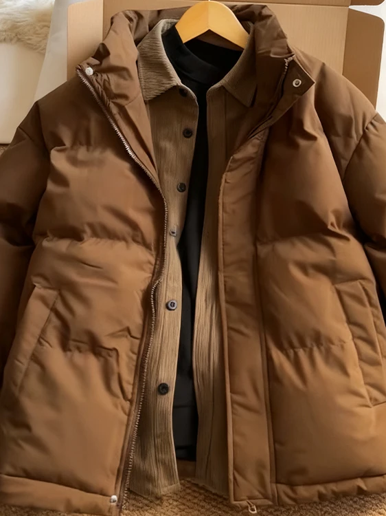 

2025 New Men's Thiened Cotton Jaet Stand Collar Bread Sle Coffee Color Winter Faion Brand American Cotton Coat