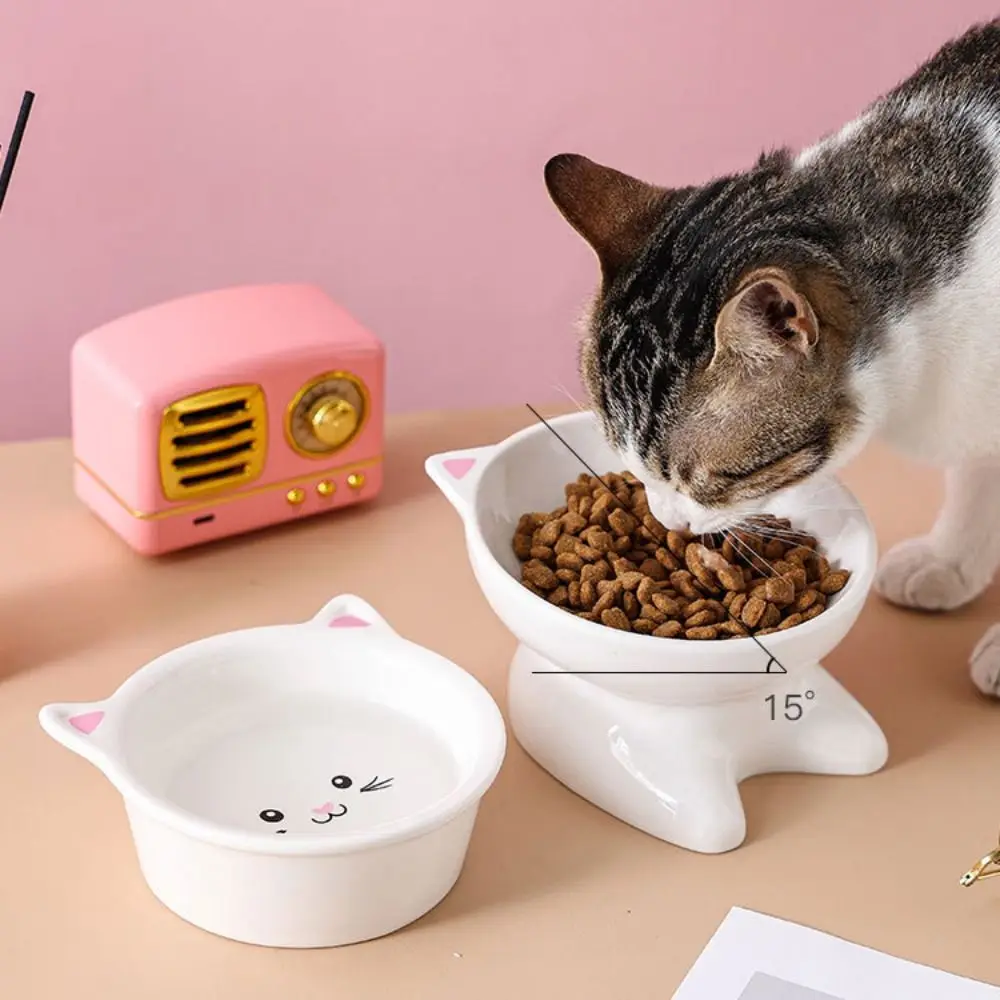 

Anti Knock Ceramic Cat Bowl Creative Slanted Mouth Dog Food Feeding Basin Cute Non-slip Cats Drinking Feeder Neck Protection