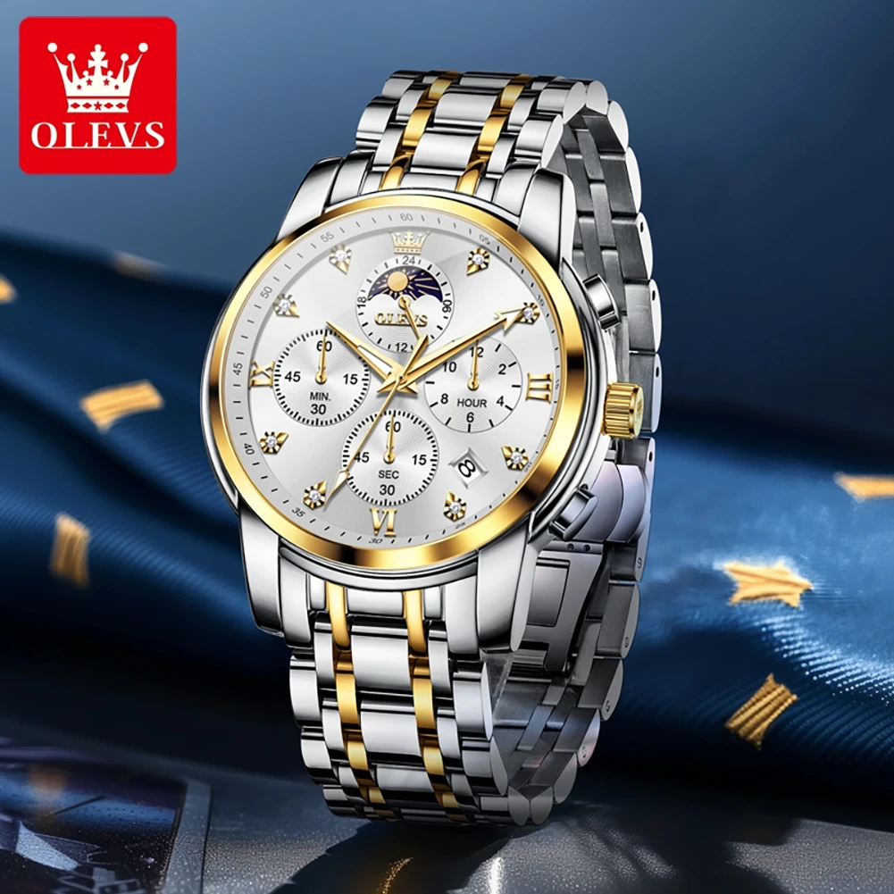 OLEVS 3655 Moon Phase Classic Three Eye Dial Men\'s Watch Stainless Steel Watch for Male Butterfly Buckle Waterproof Quartz watch