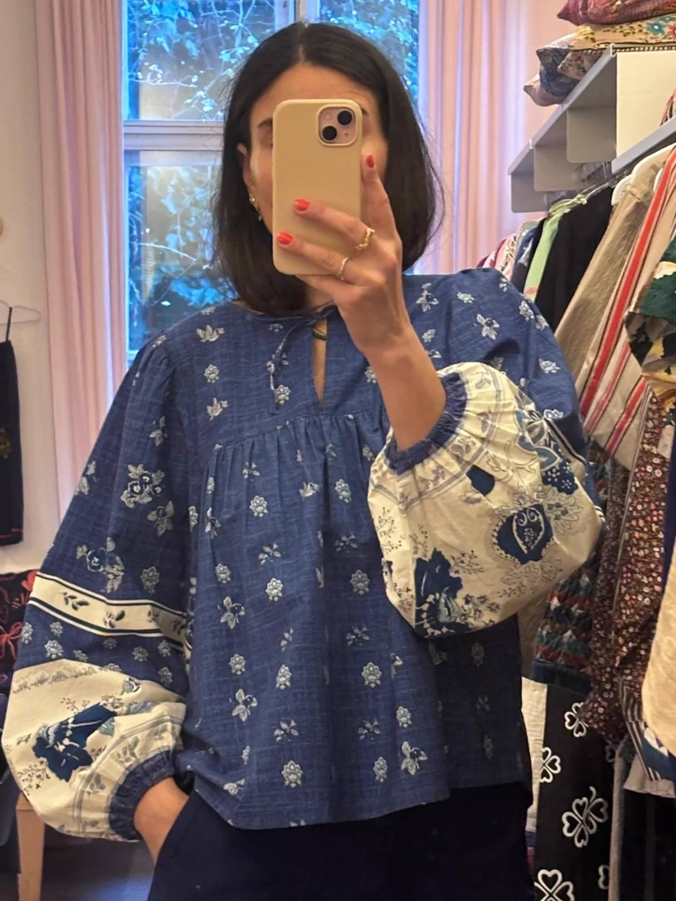 

Flower Print Female Blue Shirt 2025 New Lace-up Round Neck Lantern Sleeve Vintage Loose Blouse Top
