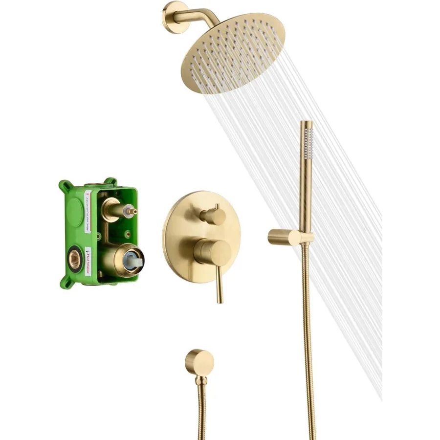 

sumerain Brushed Gold Shower Faucet System with high pressure 8 Inches rain shower head and brass hand shower Rough-In Valve Bo