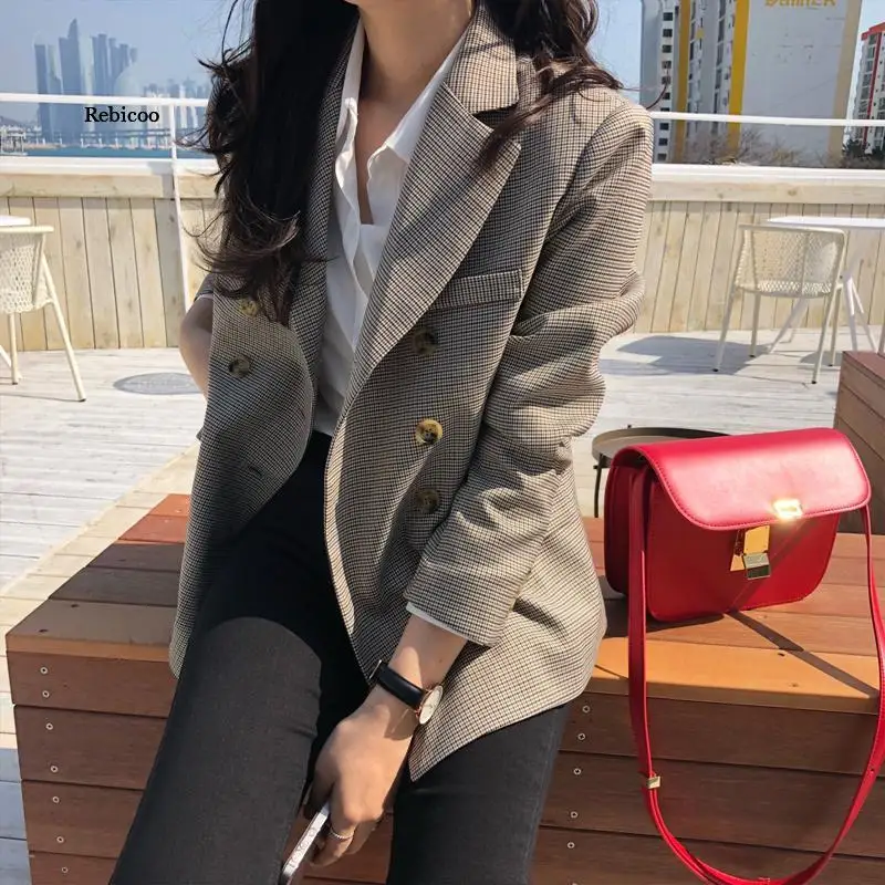 Classic Plaid Double Breasted Women Jacket Blazer Notched Collar Female Suits Coat Fashion Houndstooth blazers