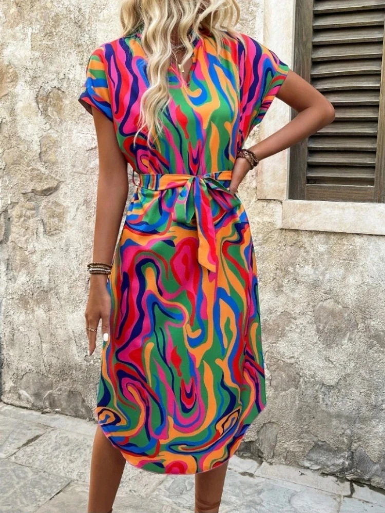 

2025 Summer Boho Dress Women's V-Neck Short Sleeve Maxi Dress with Embroidery Casual Beach Sundress for Vacation Summer Clothes