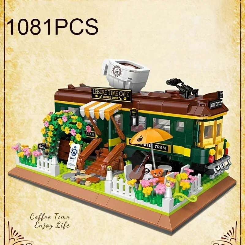 

1081PCS Train Coffee Shop Building Blocks Creative City Cafe Store Sreet View Assembly Model Bricks Toys For Kids Holiday Gifts