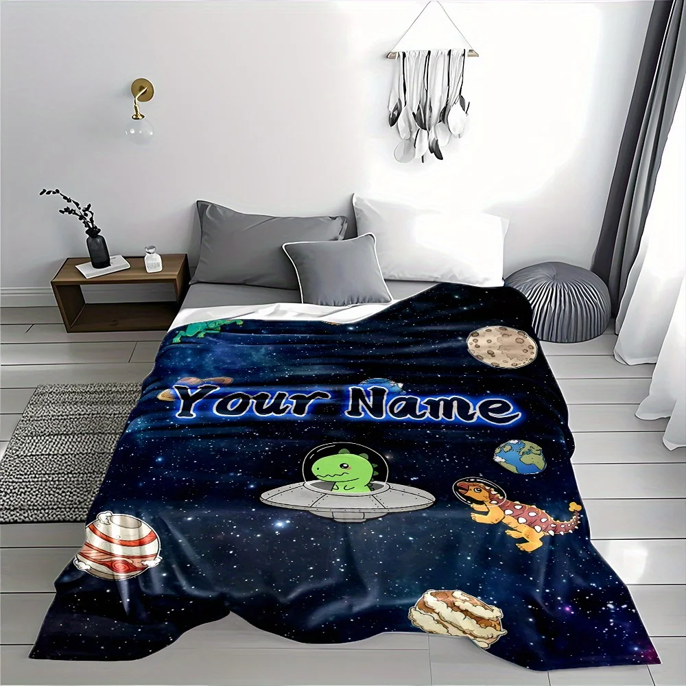 Aesthetic Personalized Galaxy Dinosaur Space Throw Blanket Nursery Decor Cosmic Planet Stars Kids Bedroom Gift Bedding