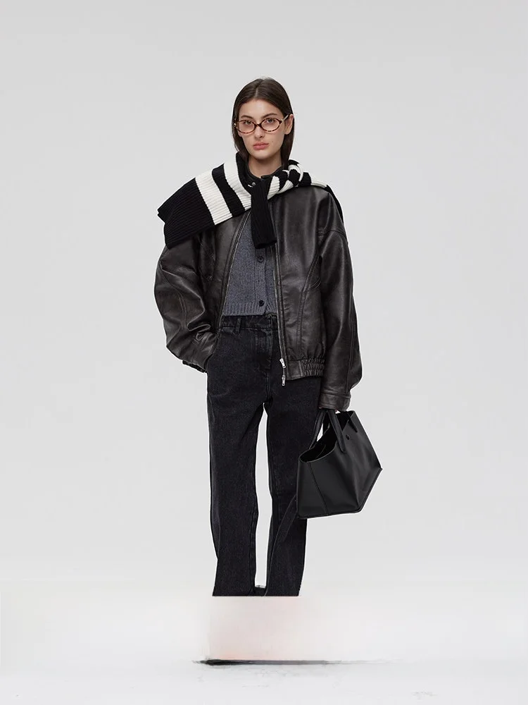 

Wear Well Retro High Loose Motorcycle Leather Jaet Women's Spring New Sle Street Sle Long Sve PU Leather Coat
