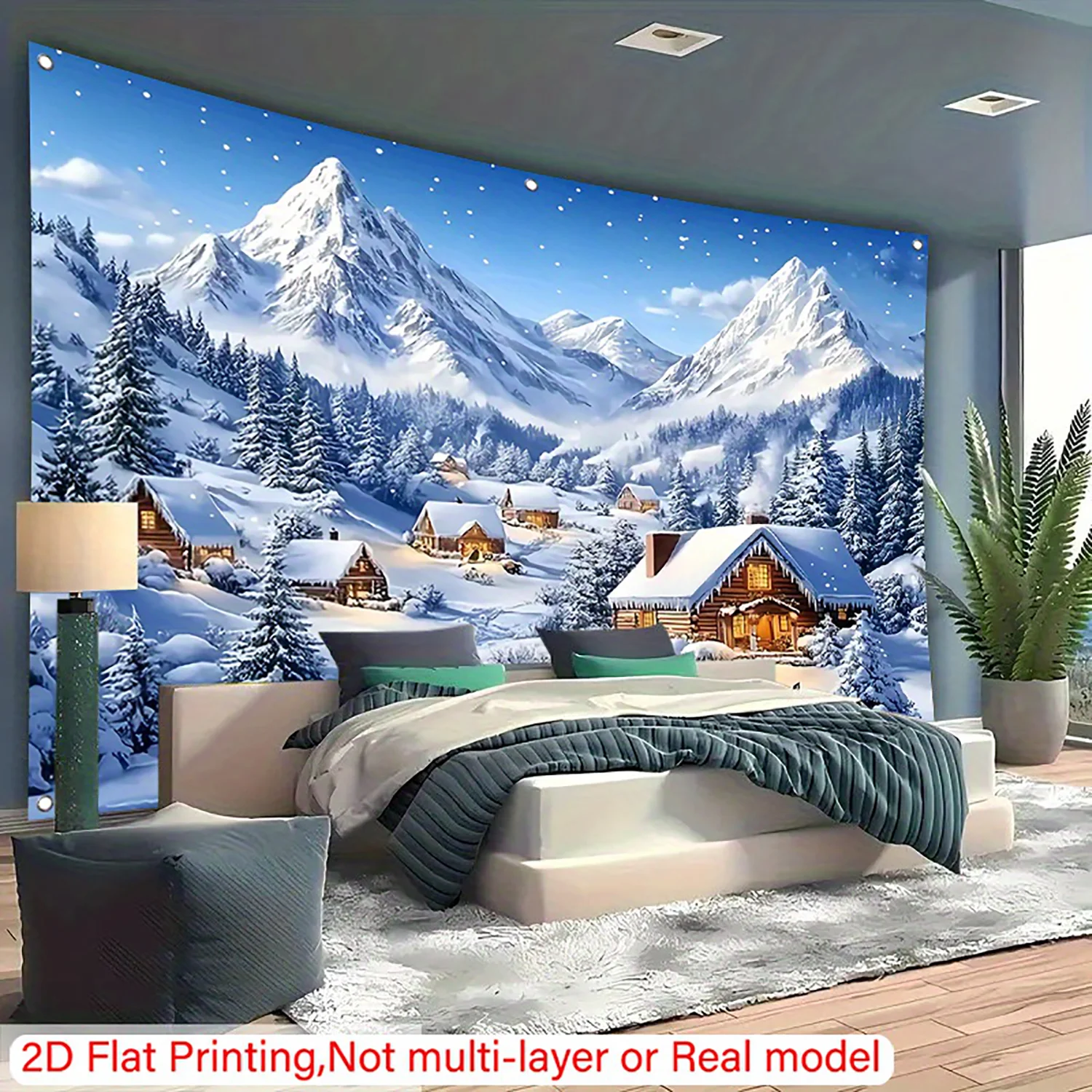 1 Stück Winter Wonderland Wandteppich – verschneite Berg- und Kabinenszene, Wandbehang für Wohnzimmer oder Schlafzimmer als Weihnachtsdekoration