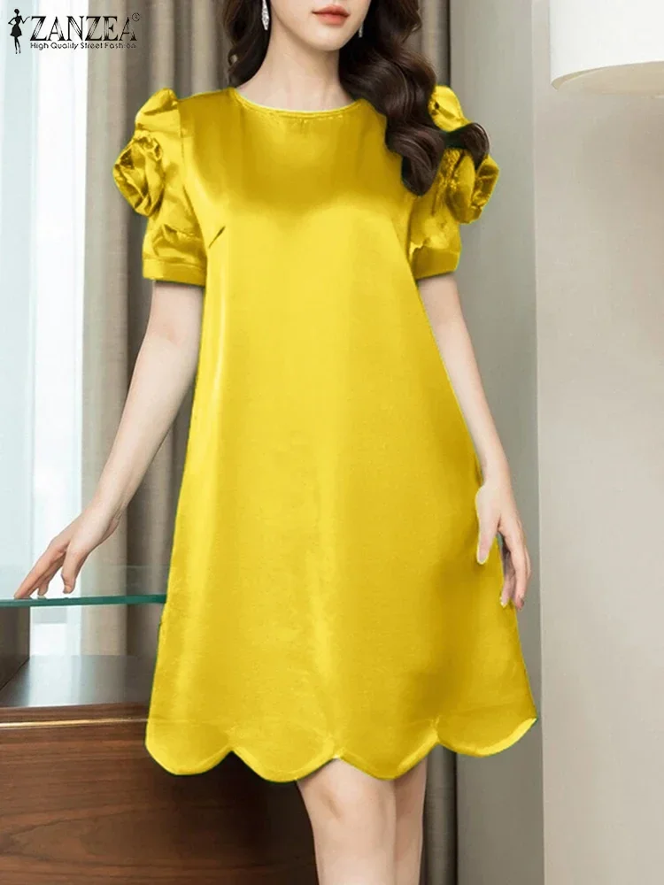 فساتين ZANZEA أنيقة للنساء بطول الركبة بحاشية صدفية من قماش الساتان وأكمام قصيرة للحفلات على شكل حرف a من ZANZEA