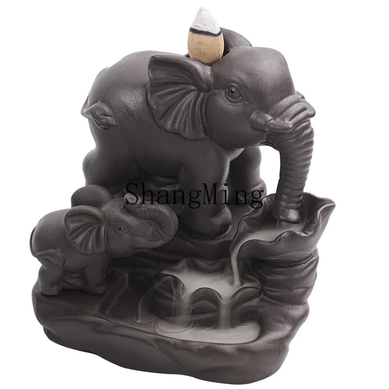 

PYH Backflow Incense Burner Purple Sand Mother and Son Elephant Creative Home Crafts Ornament Aromatherapy