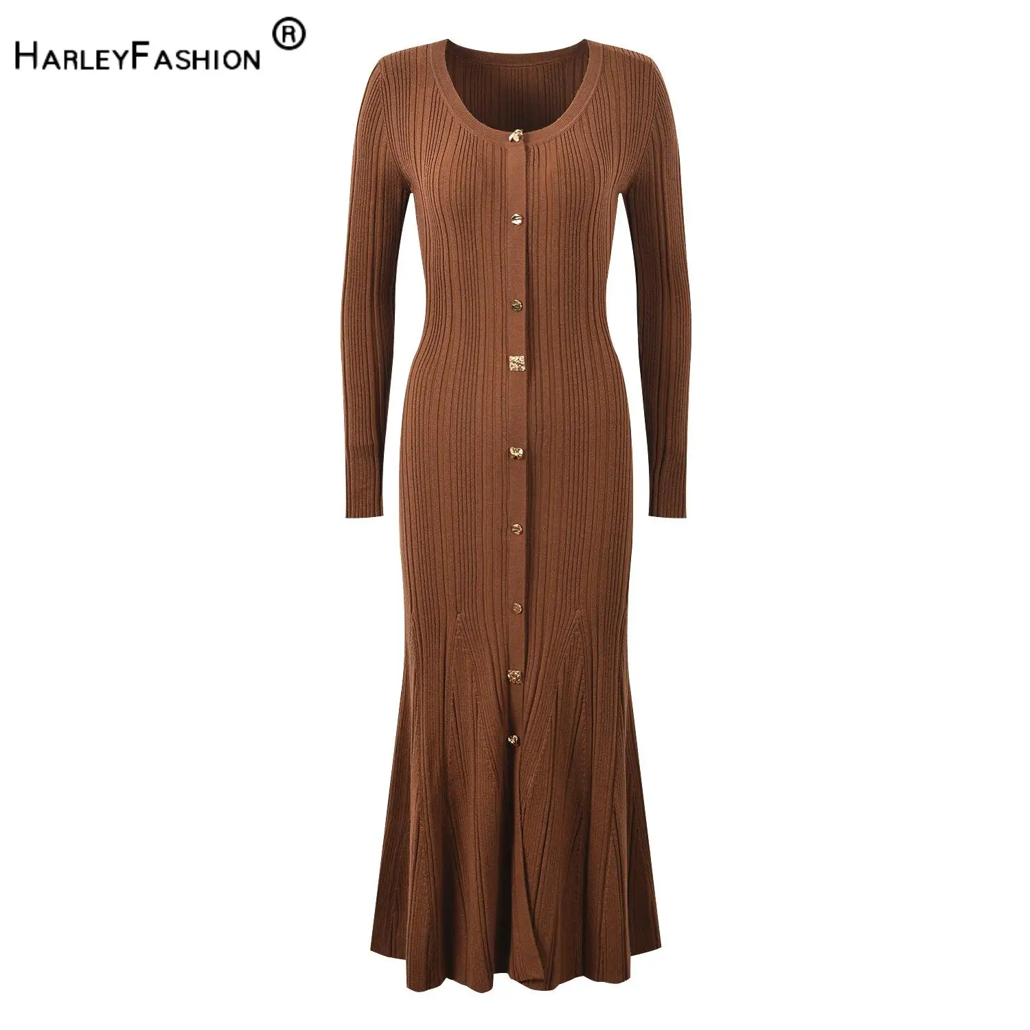 Elegant Style Lady Solid O-neck Long Sleeve Women Knit Single-breasted Slim Fitted Flared Hem Maxi Mermaid Dress