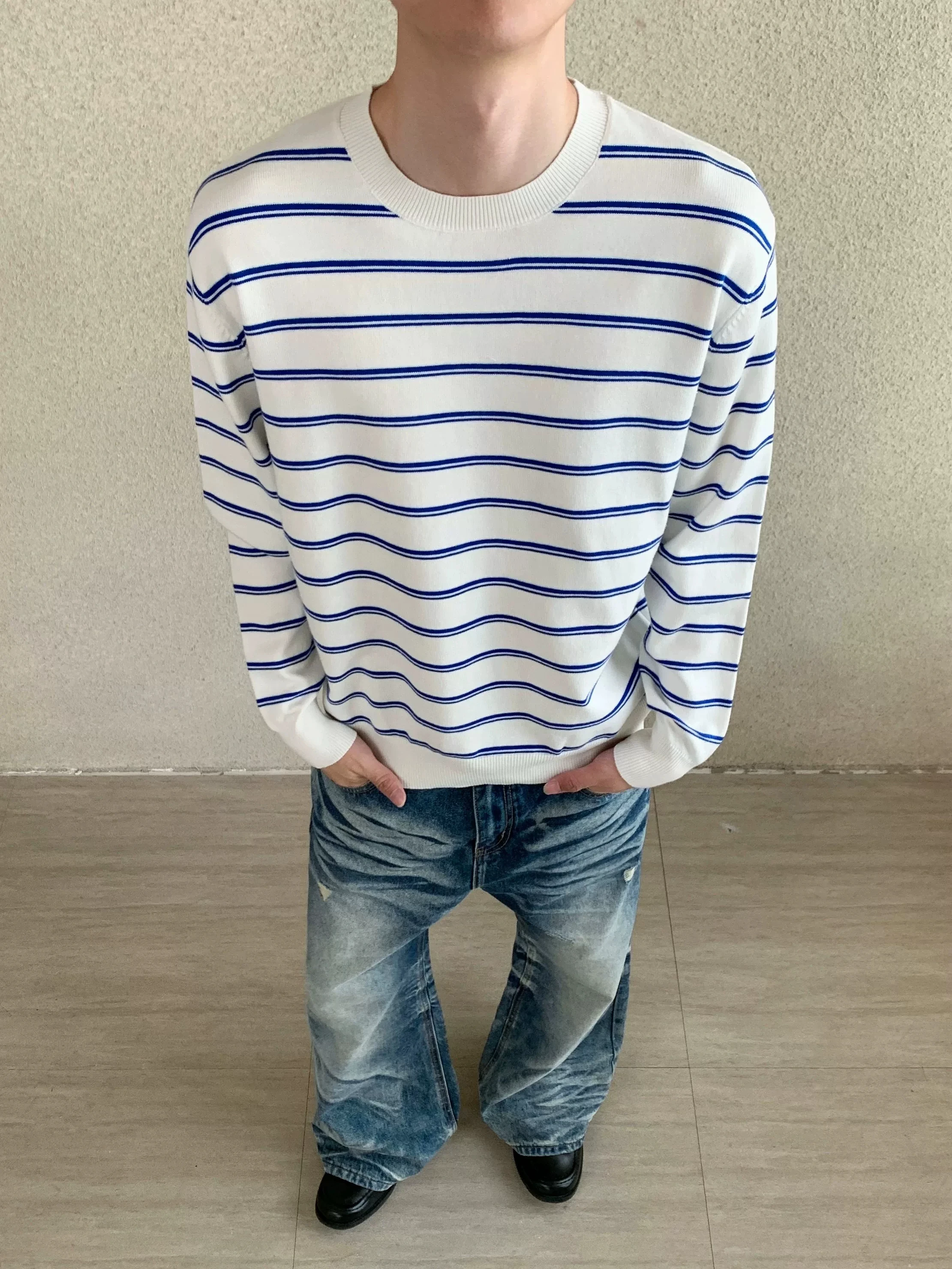 Loose Fit Long Sleeve Striped T-Shirt Men's Autumn Winter New Style American Retro Lazy Feelings Cover up Casual Loose Top