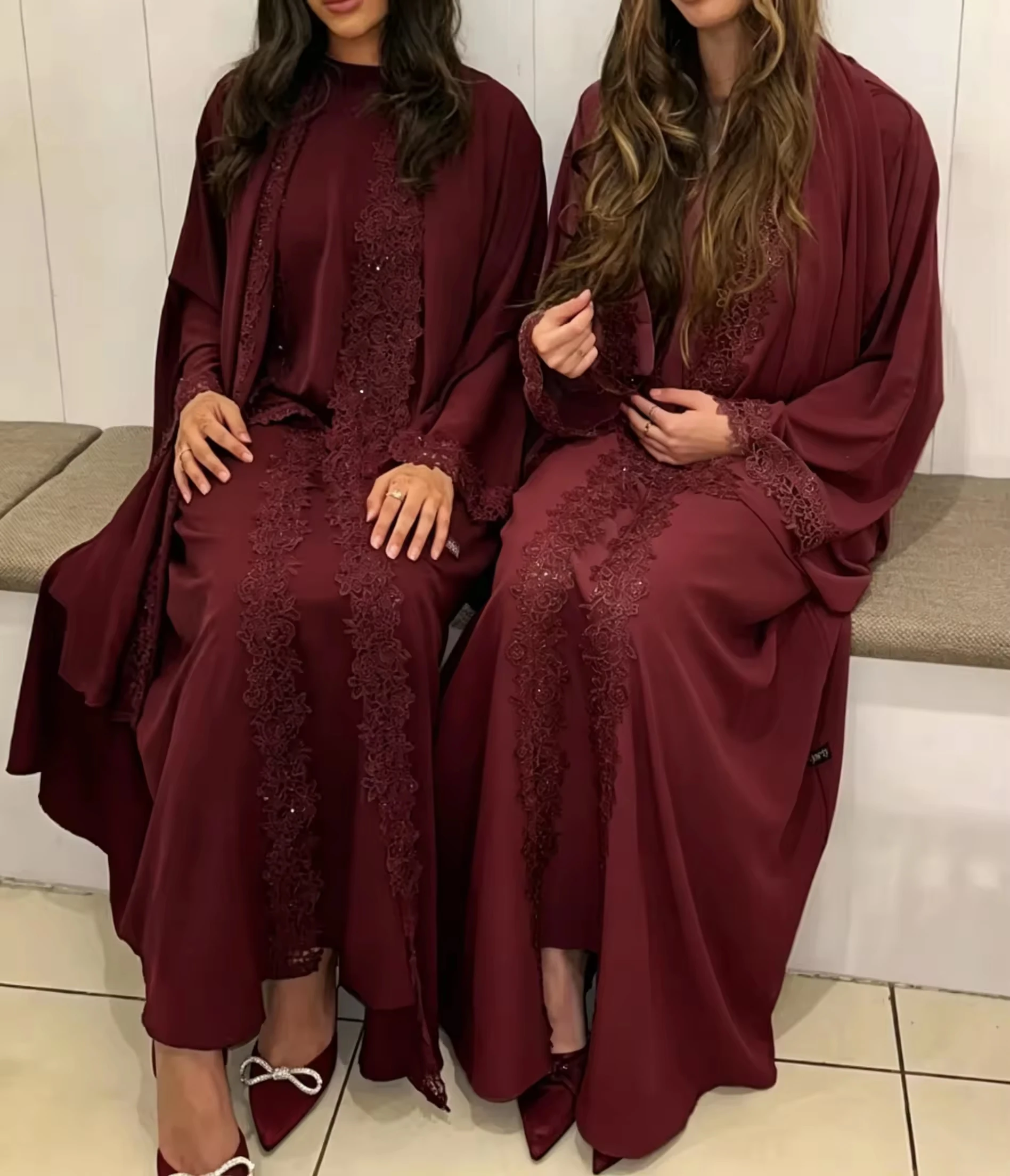 

Ramadan Eid New Abaya 3 Piece Set Fantastic Lace Women Abaya Dubai Islamic Clothing Muslim Women Cardigan with Inner Dress