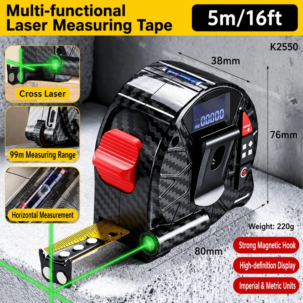 3 in 1 5 Meter Tape Measure Drop Proof High Precise Laser Ruler Thick Shell Strong Magnet Hand Survey Gear Wall Measure