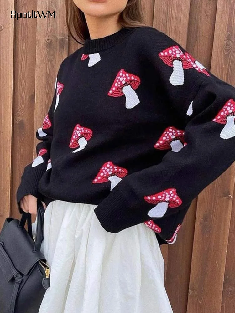 

Cute Mushroom Printed Loose Jumpers Women Knitted Casual Round Neck Long Sleeve Sweater Autumn Warm Female High Street Pullover