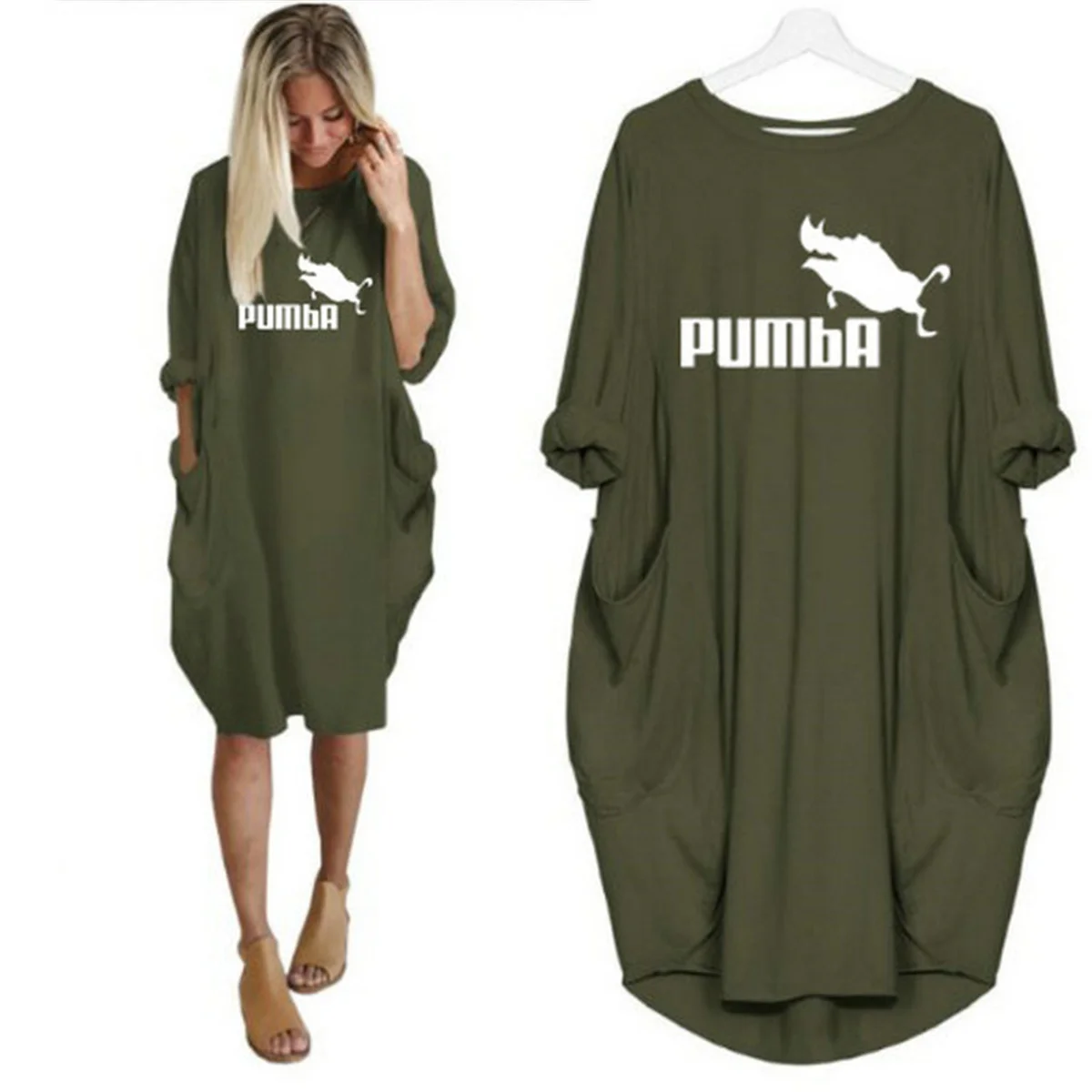 فستان نسائي فضفاض بطبعة حروف بومبا ورقبة دائرية وأكمام طويلة وجيوب صيفية مريحة كاجوال مقاس كبير