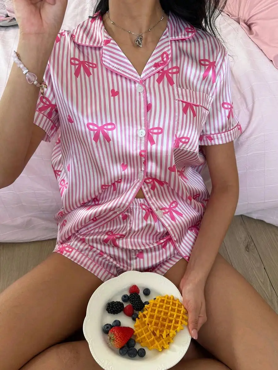 

Womens Satin Pajama Set With Bow And Heart Striped Print Lapel Button Short Sleeve Shorts