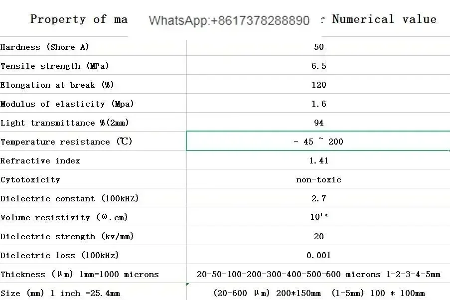 فيلم PDMS فيلم السيليكون العضوي عزل مسعور بولي ديميثيلسيلوكسان فيلم شفاف درجة الحرارة ومقاومة الطقس م