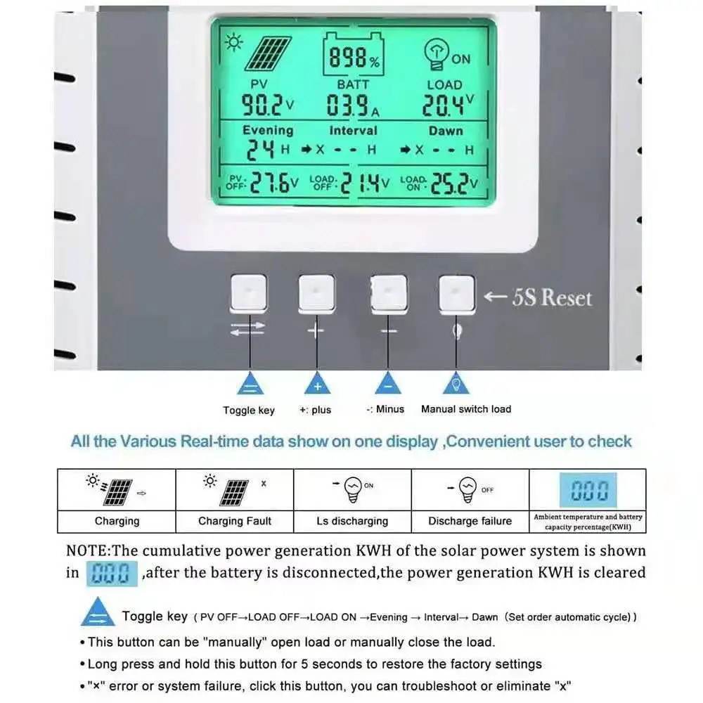 OOYCYOO MPPT جهاز التحكم في الشحن 100 أمبير 12 فولت/24 فولت، منظم شحن الألواح الشمسية 100 أمبير مع شاشة LCD Blacklight بحد أقصى 100 فولت #6