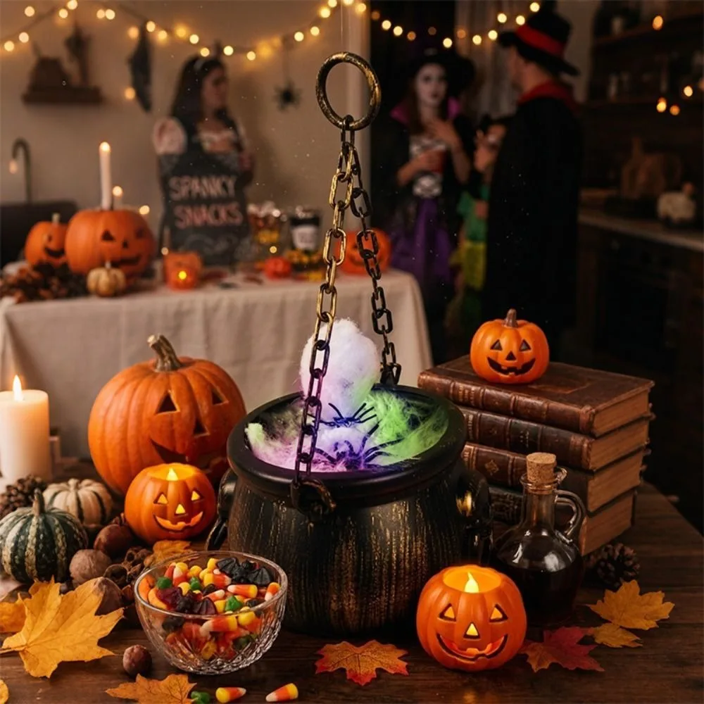 Spooky Black Witch Cauldron Mystical Colorful Halloween Cauldron Color Changing Light Chain Loop Lighted Cauldron Home