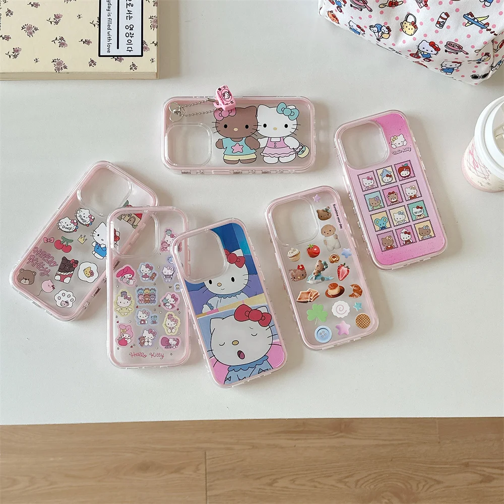 

Funny Hello Kitty KT Stickers Y2K Girl Pink Phone Case For iPhone 16 15 14 13Pro Max 14Pro 15Pro Clear Soft TPU Silicone Cover