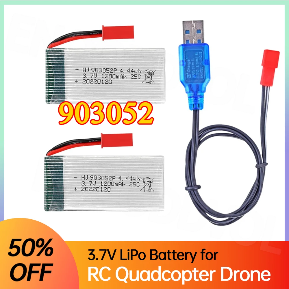 2Pcs 3.7V 1200mAh 25C 903052 Rechargeable Lipo Battery with USB Charger for HQ898B H11D H11C RC Quadcopter Drone Spare Parts