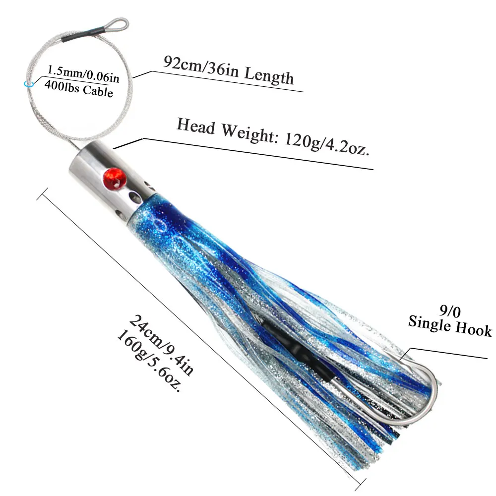 Viketech Offshore Saltwater Big Game Shark Wahoo Tonijn Trolling Vissen Roestvrij staal Octopus Kunstaas Opgetuigd 9,4