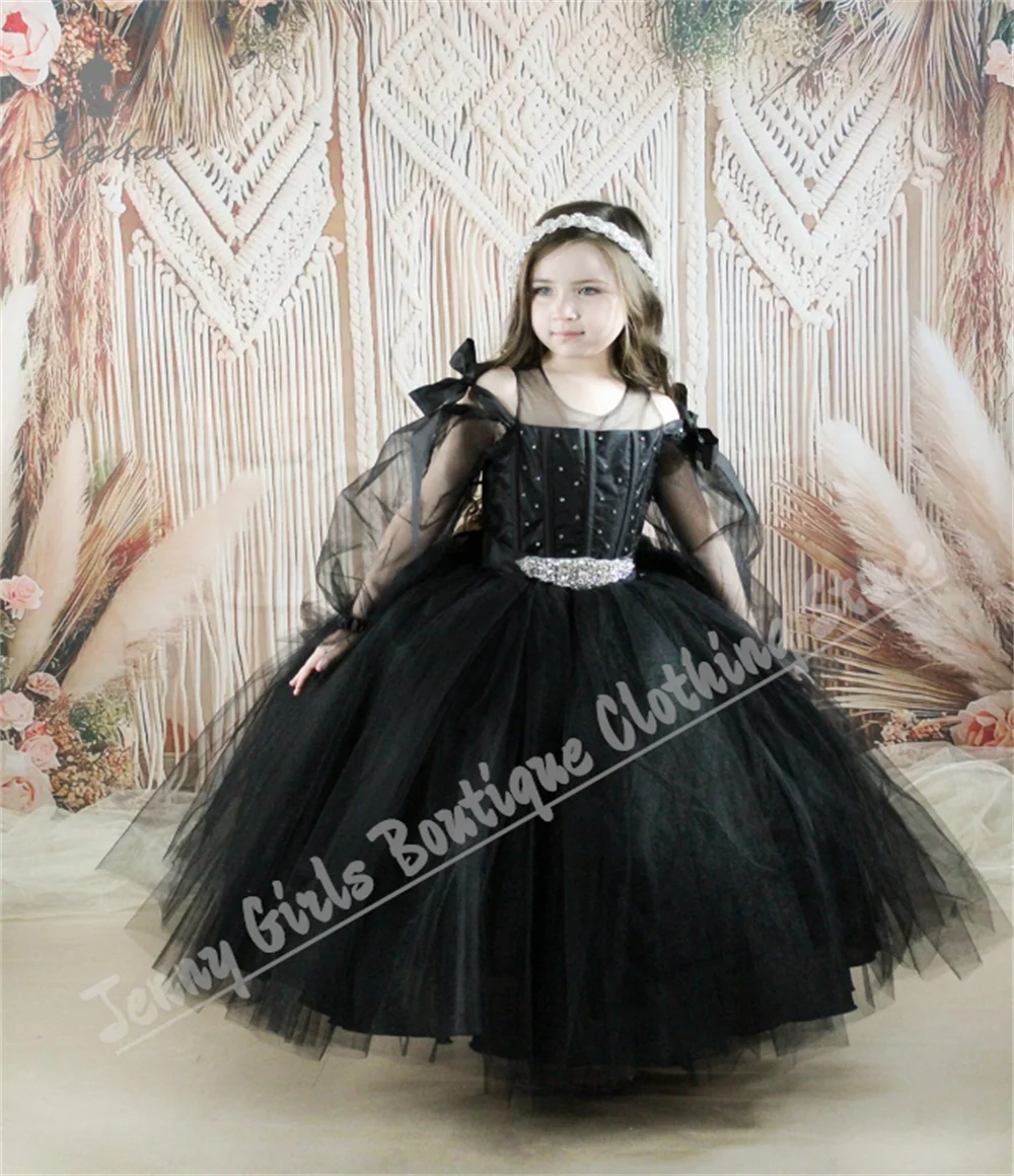 

Black Flower Girl Dress Transparent Long Sleeve Bow Fluffy Gown For Weddings Children's Party EBirthday Vening Wear