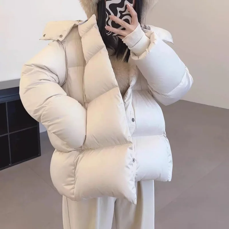 Inverno 2025 feminino engrossado quente com capuz jaqueta de alta qualidade moda high-street branco ganso para baixo casaco de pão fofo ao ar livre