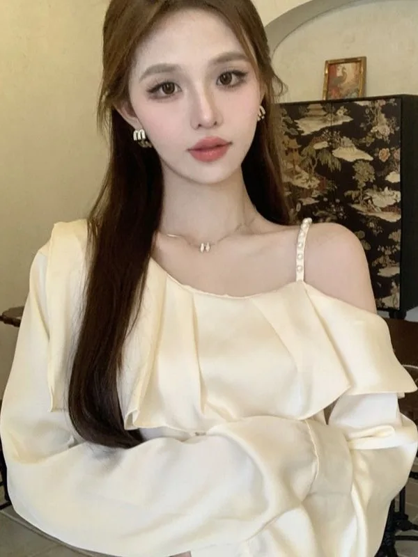 Elegant Long Sleeve Satin Shirt Women's Irregular Hem Single Shoulder Strap Shirt Stylish Beautiful Small Top Commute Style