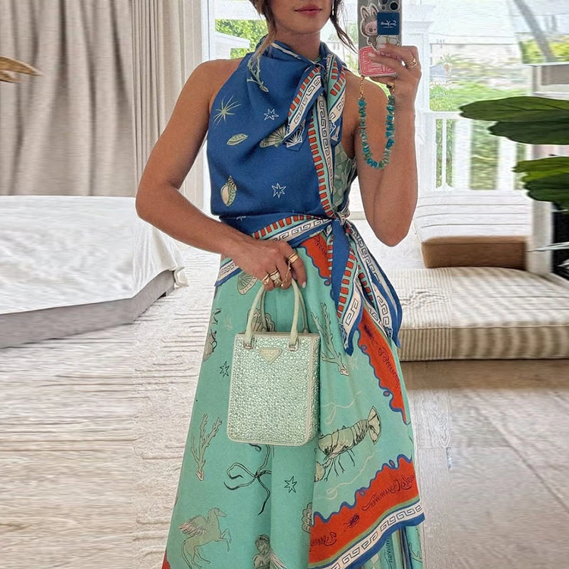 Vintage patroon bedrukte onregelmatige lange jurk zomervakantie mouwloze feestjurk elegante nep tweedelige geplooide satijnen jurk